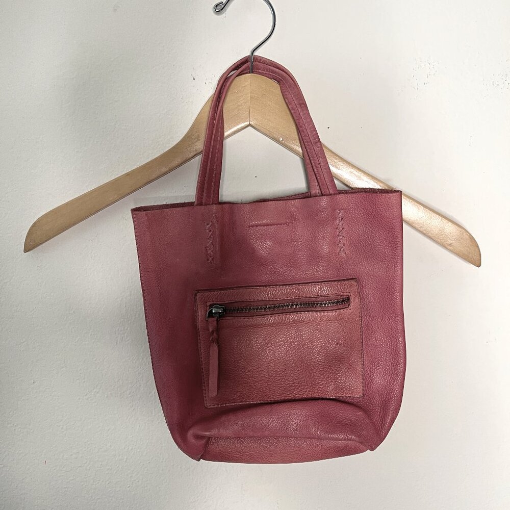 Artisan Handmade Red Leather Tote with Outside Zipper Pocket Magnet Closure